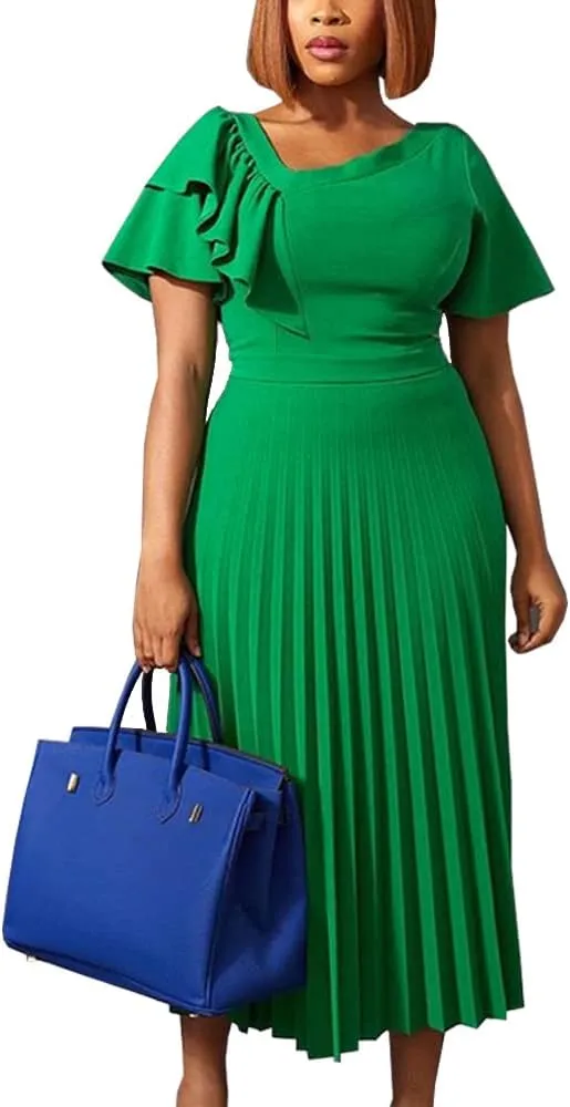 AOMEI Women's Short Sleeve Asymmetrical Ruffles High Waist Pleated Hem Midi Spring Dress