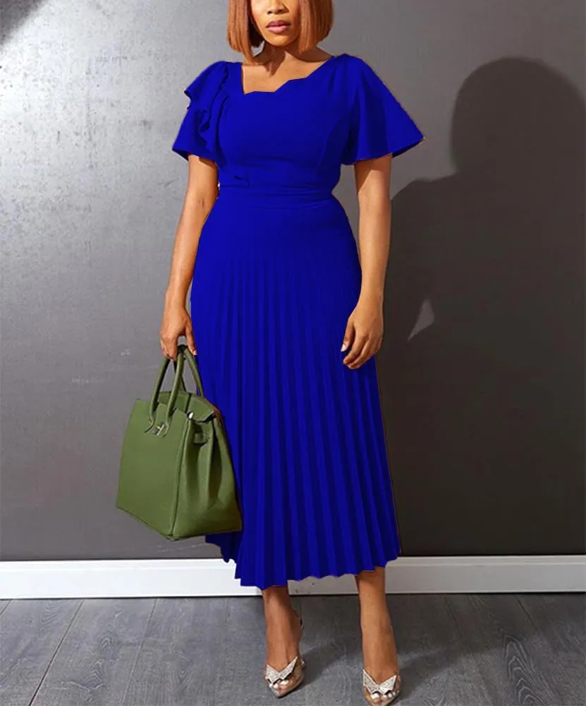 AOMEI Women's Short Sleeve Asymmetrical Ruffles High Waist Pleated Hem Midi Spring Dress