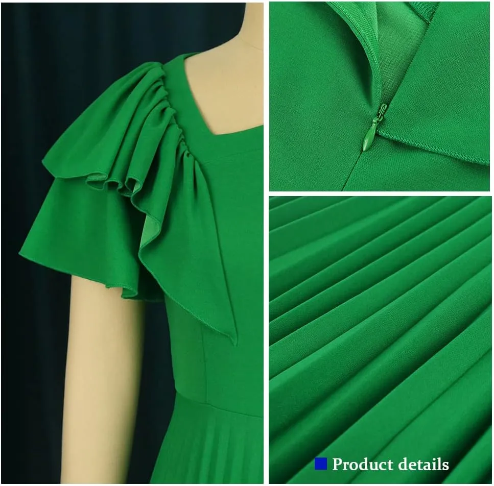 AOMEI Women's Short Sleeve Asymmetrical Ruffles High Waist Pleated Hem Midi Spring Dress