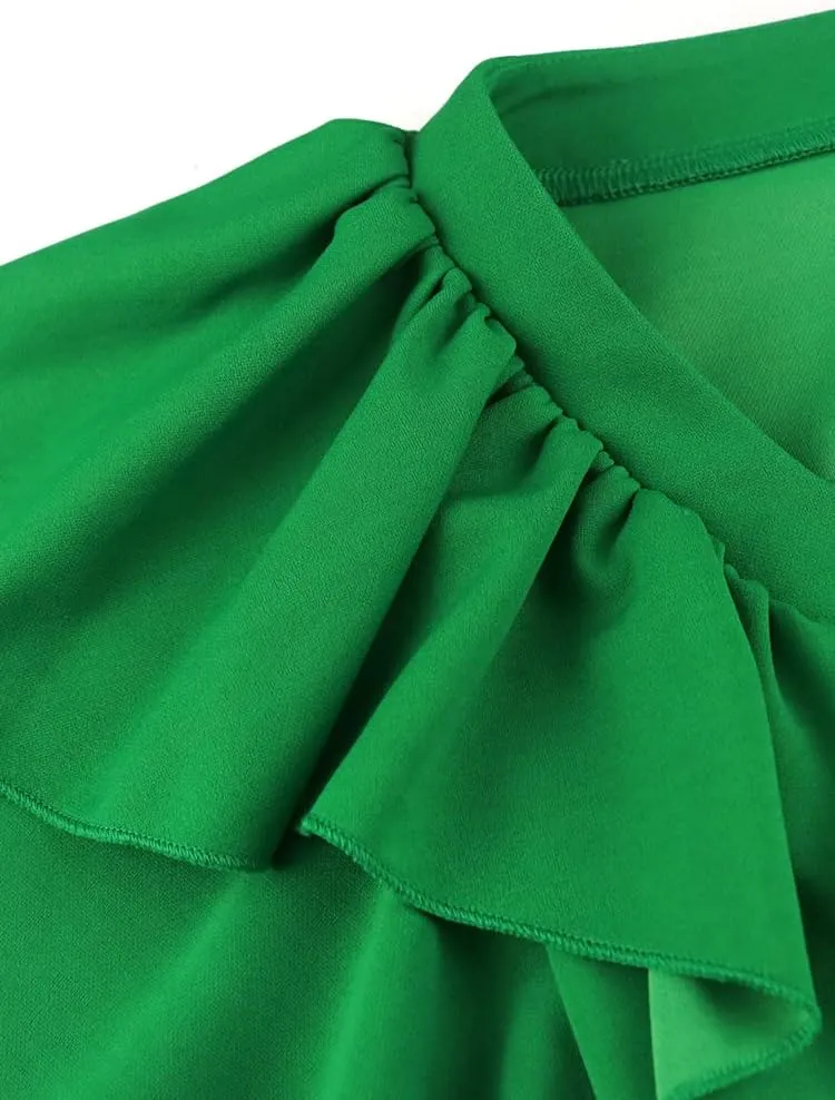 AOMEI Women's Short Sleeve Asymmetrical Ruffles High Waist Pleated Hem Midi Spring Dress