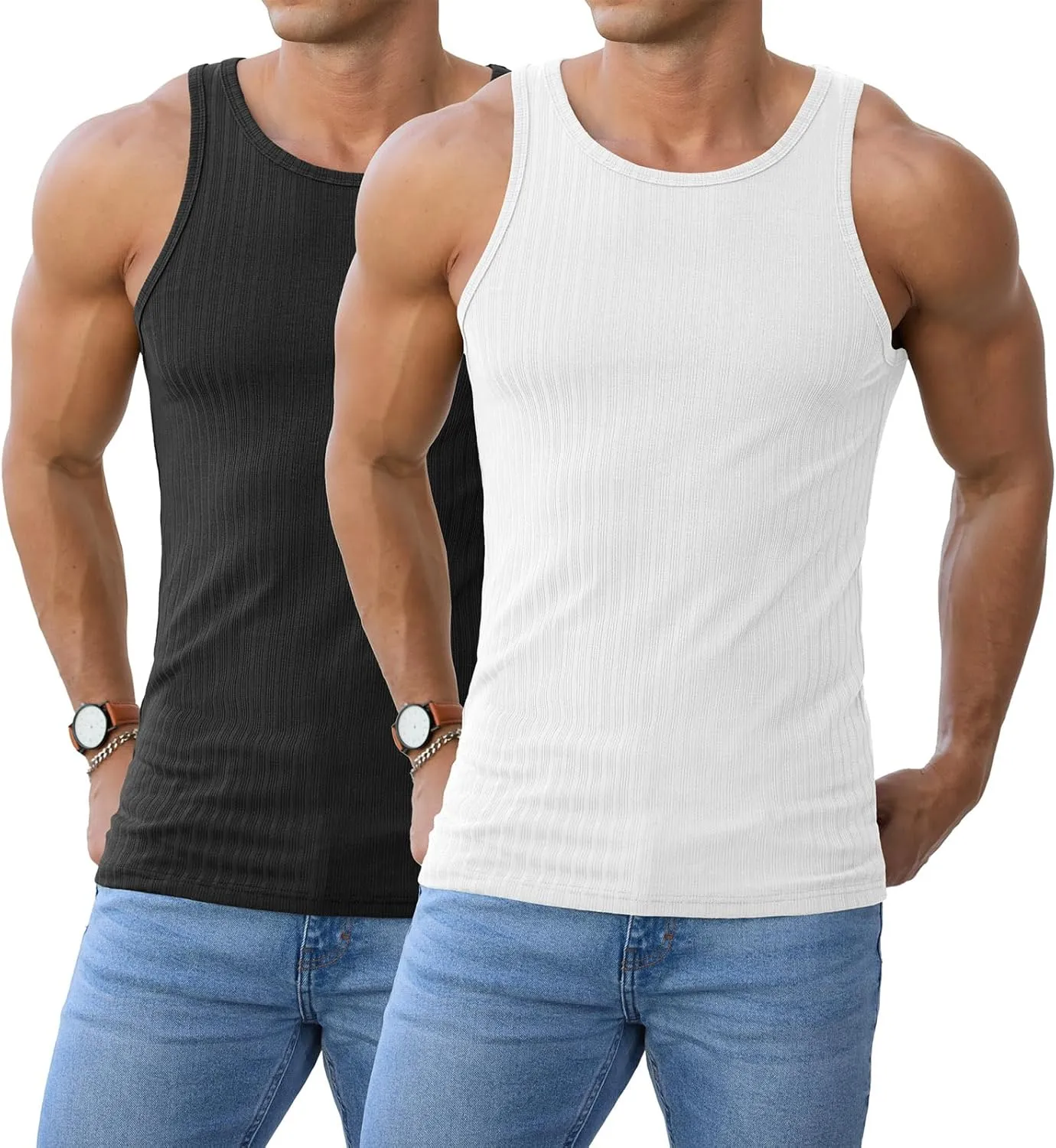 Askdeer Men's Ribbed Tank Top Casual Workout Sleeveless Shirts Soft Gym Muscle Bodybuilding Tee