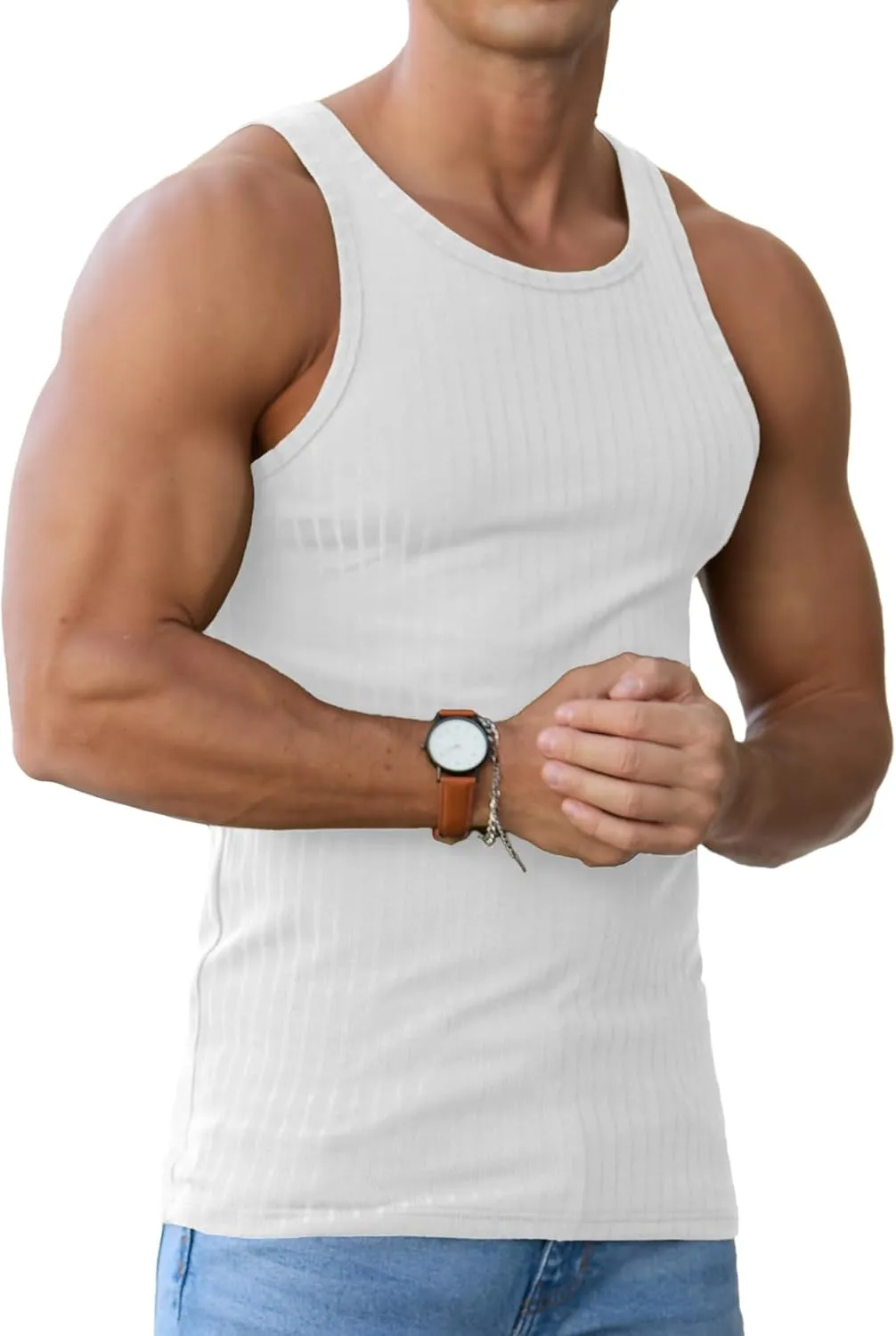 Askdeer Men's Ribbed Tank Top Casual Workout Sleeveless Shirts Soft Gym Muscle Bodybuilding Tee