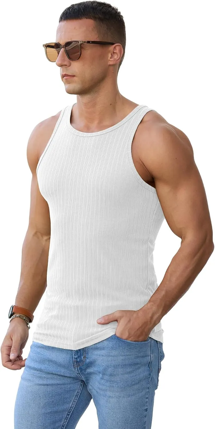 Askdeer Men's Ribbed Tank Top Casual Workout Sleeveless Shirts Soft Gym Muscle Bodybuilding Tee