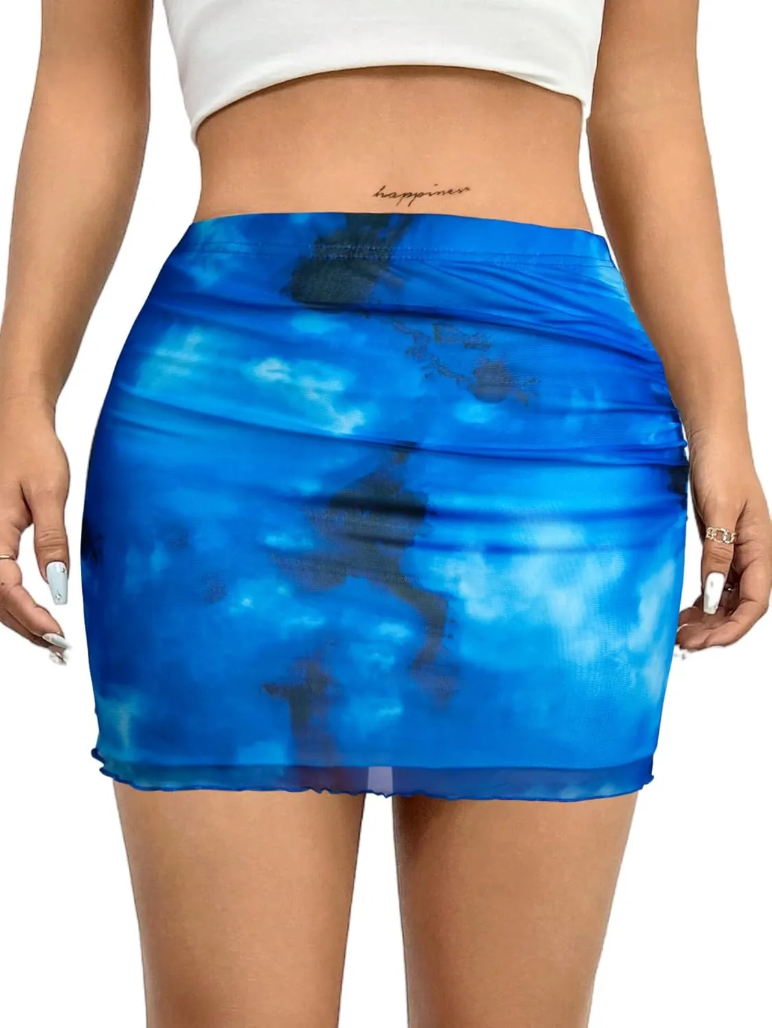 Avanova Women Mesh Bodycon Mini Skirt High Waist Ruched Summer Short Skirt
