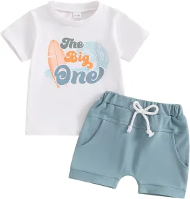 Baby Boy First Surfer Birthday Outfits Set Short Sleeve The Big One T-Shirt Shorts 2Pcs Summer Ocean Wave Clothes
