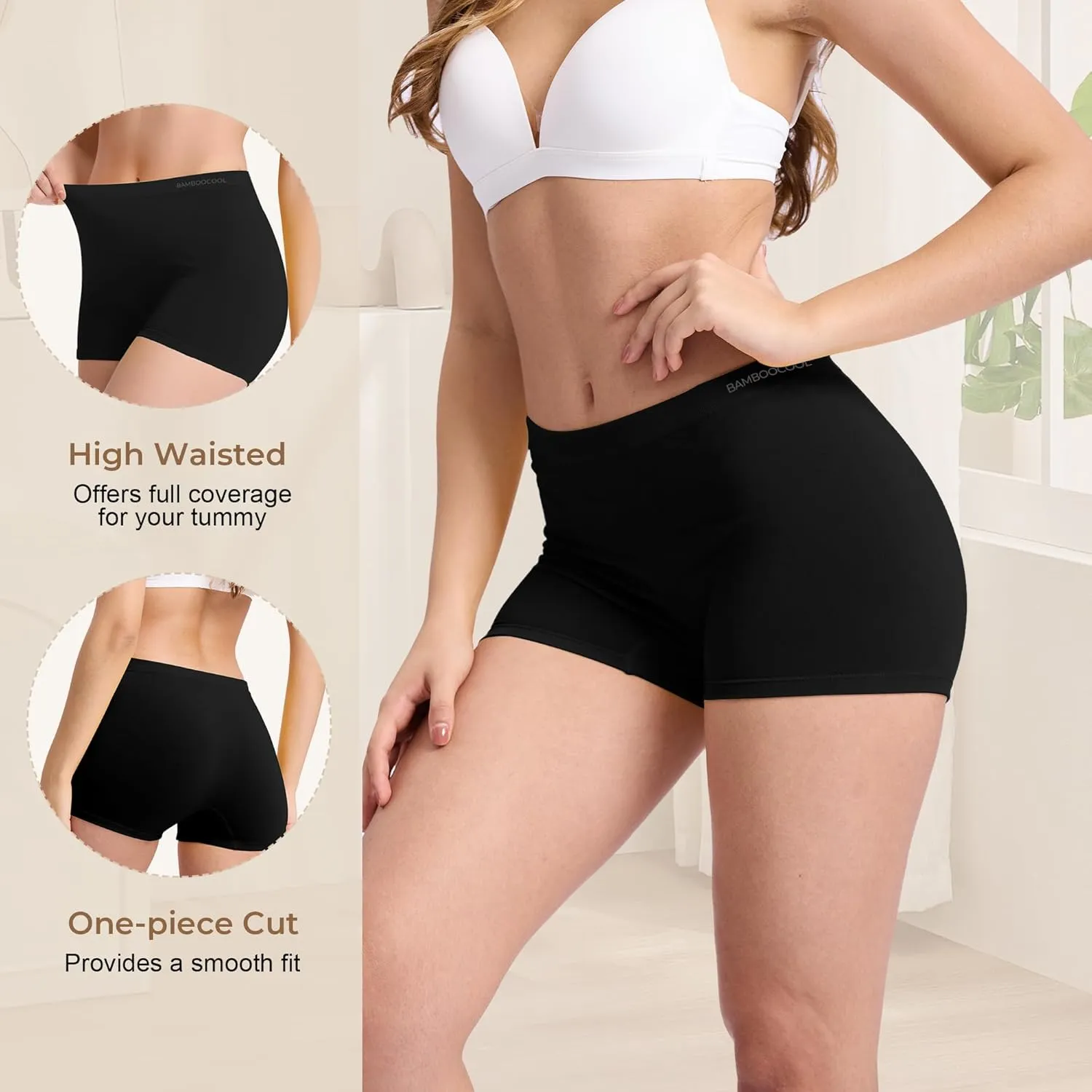 BAMBOO COOL Women's Boyshort Panties Seamless High Waist Underwear Stretchy Moisture Wicking Boxer Briefs for Ladies 5 Pack