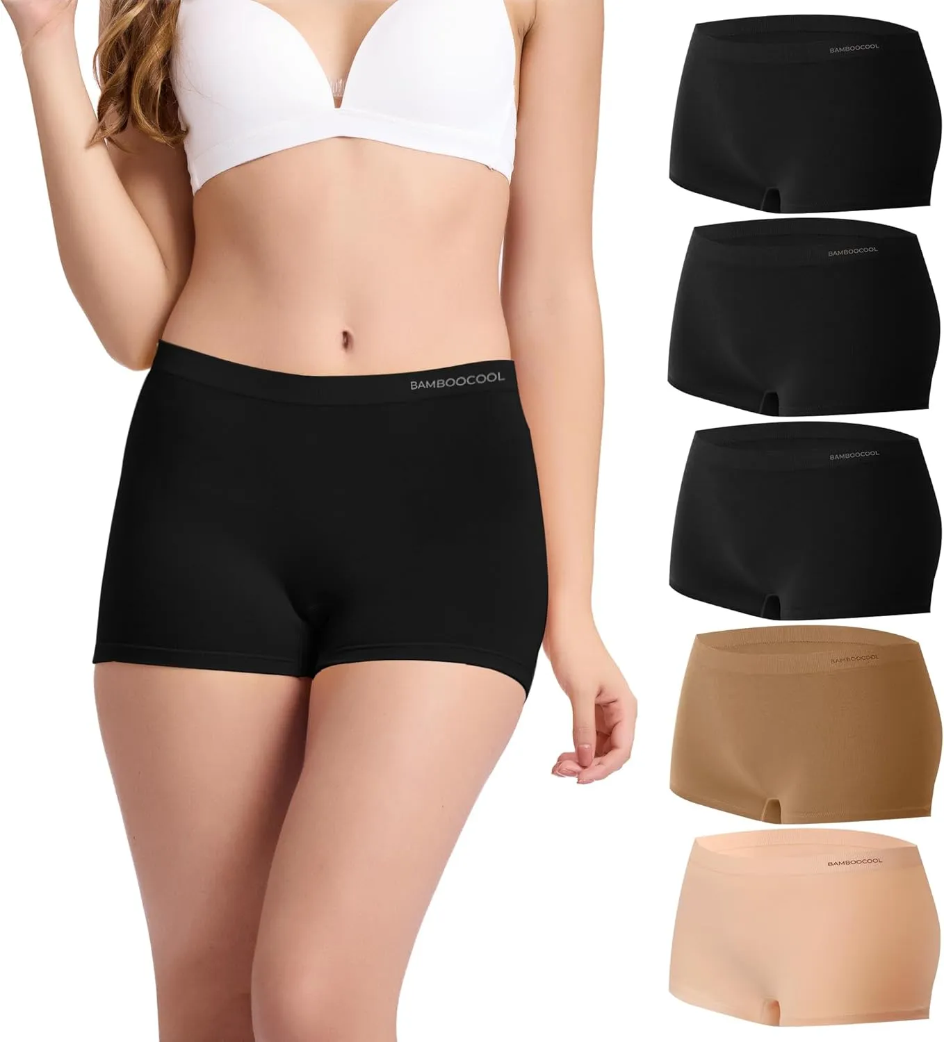 BAMBOO COOL Women's Boyshort Panties Seamless High Waist Underwear Stretchy Moisture Wicking Boxer Briefs for Ladies 5 Pack