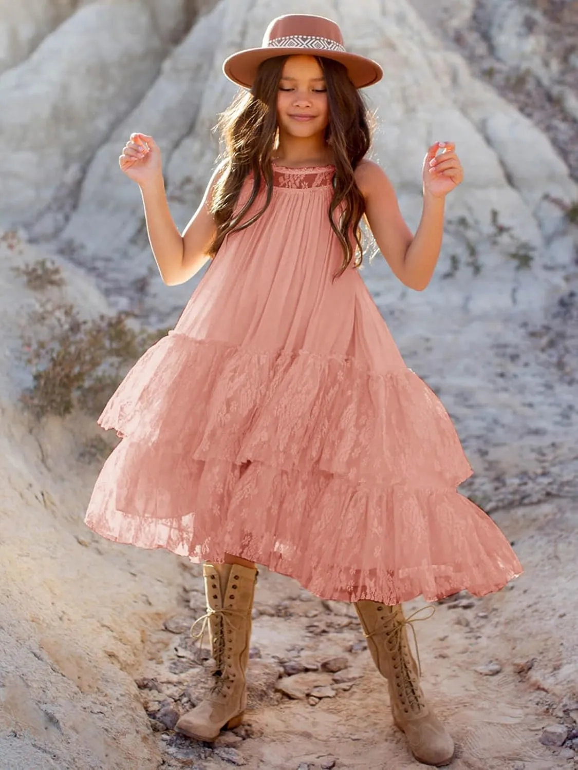 Batermoon Girls Lace Backless Tulle Dress Halter Neck Boho Flower Girl Sleeveless Ruffle Swing Party Dress