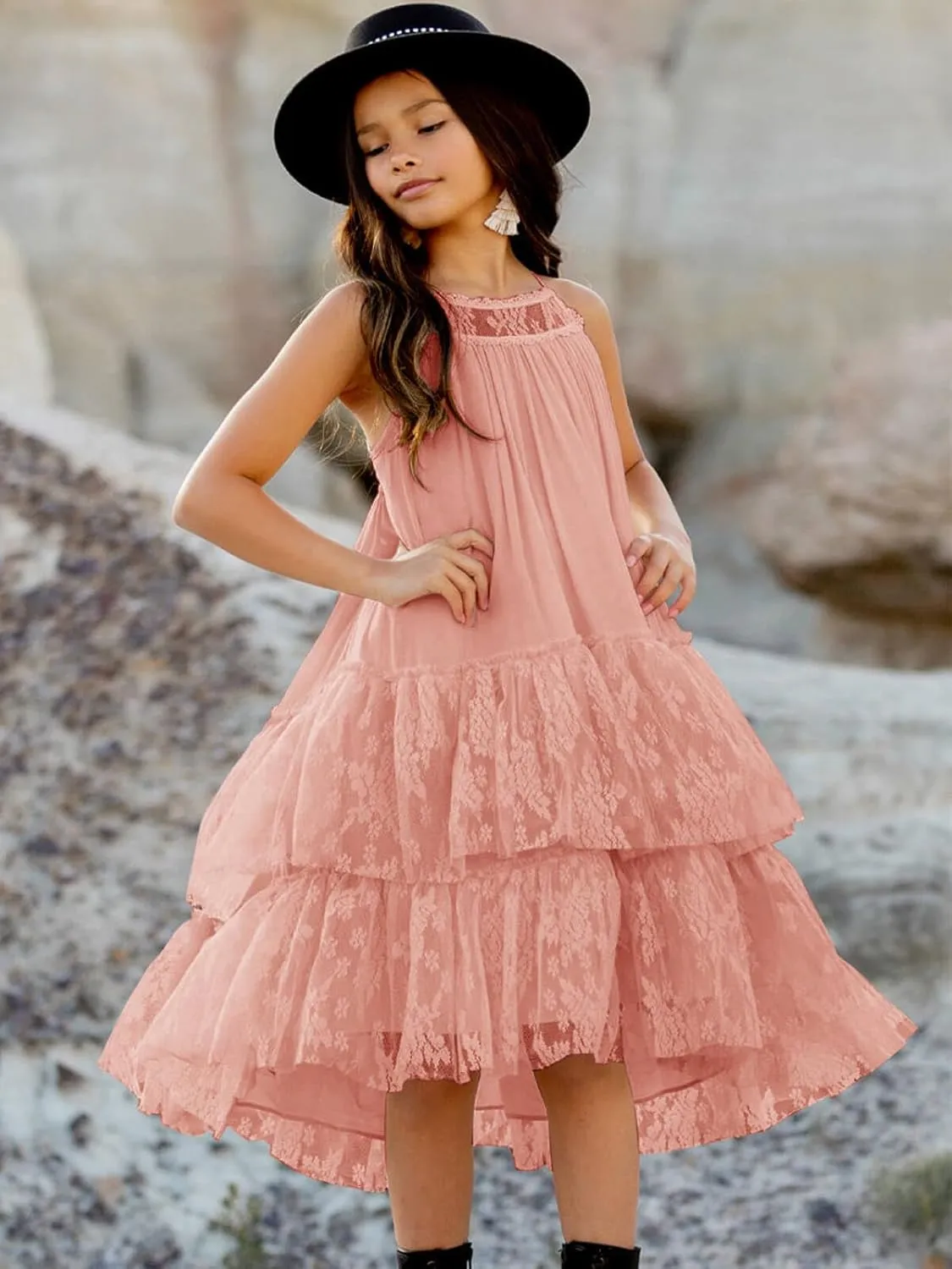 Batermoon Girls Lace Backless Tulle Dress Halter Neck Boho Flower Girl Sleeveless Ruffle Swing Party Dress