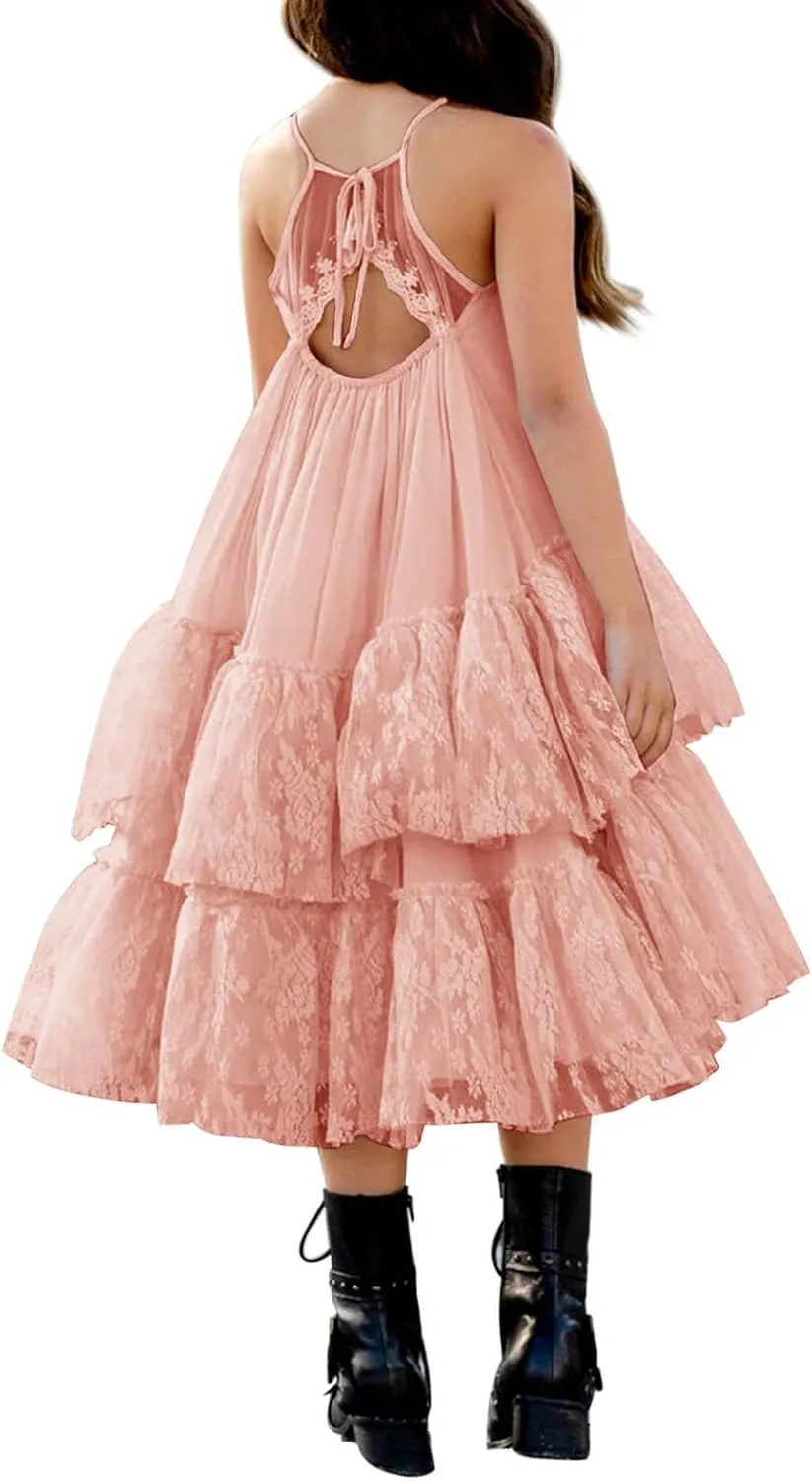 Batermoon Girls Lace Backless Tulle Dress Halter Neck Boho Flower Girl Sleeveless Ruffle Swing Party Dress