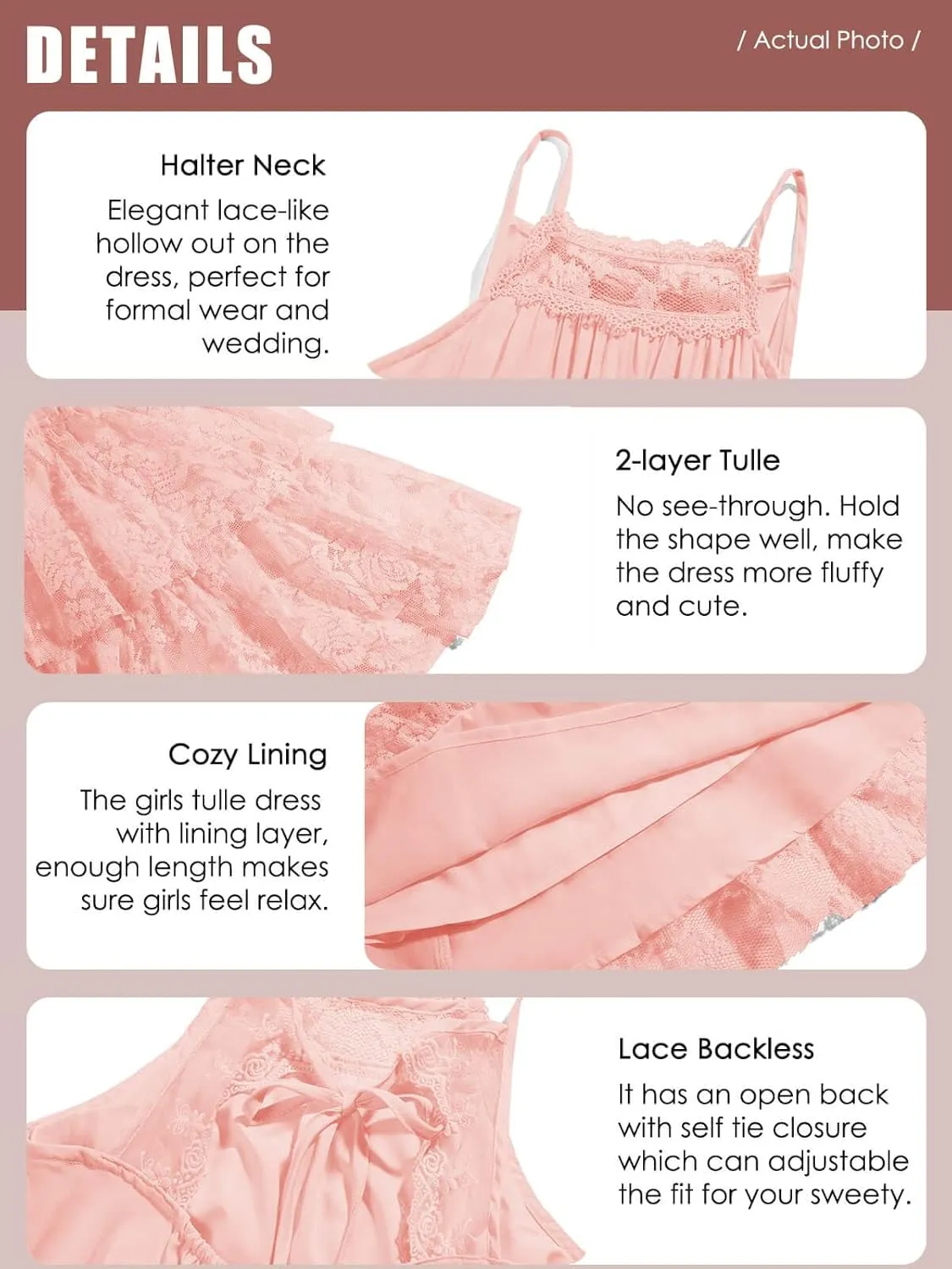 Batermoon Girls Lace Backless Tulle Dress Halter Neck Boho Flower Girl Sleeveless Ruffle Swing Party Dress