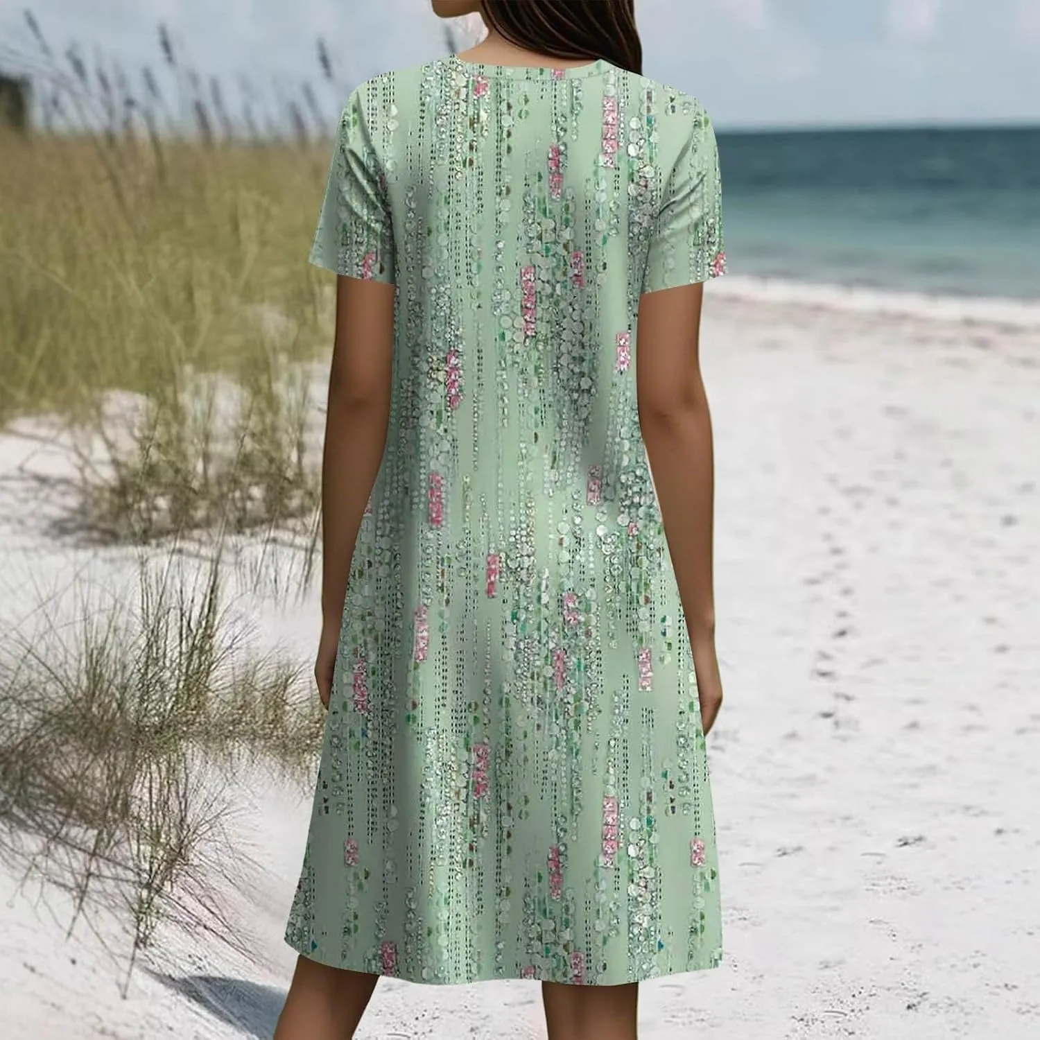 BAXLIMEK Beach Dresses for Women,2025 Summer Trendy Floral Print Boho Vacation Dress,Casual Short Sleeve Flowy Midi Dress
