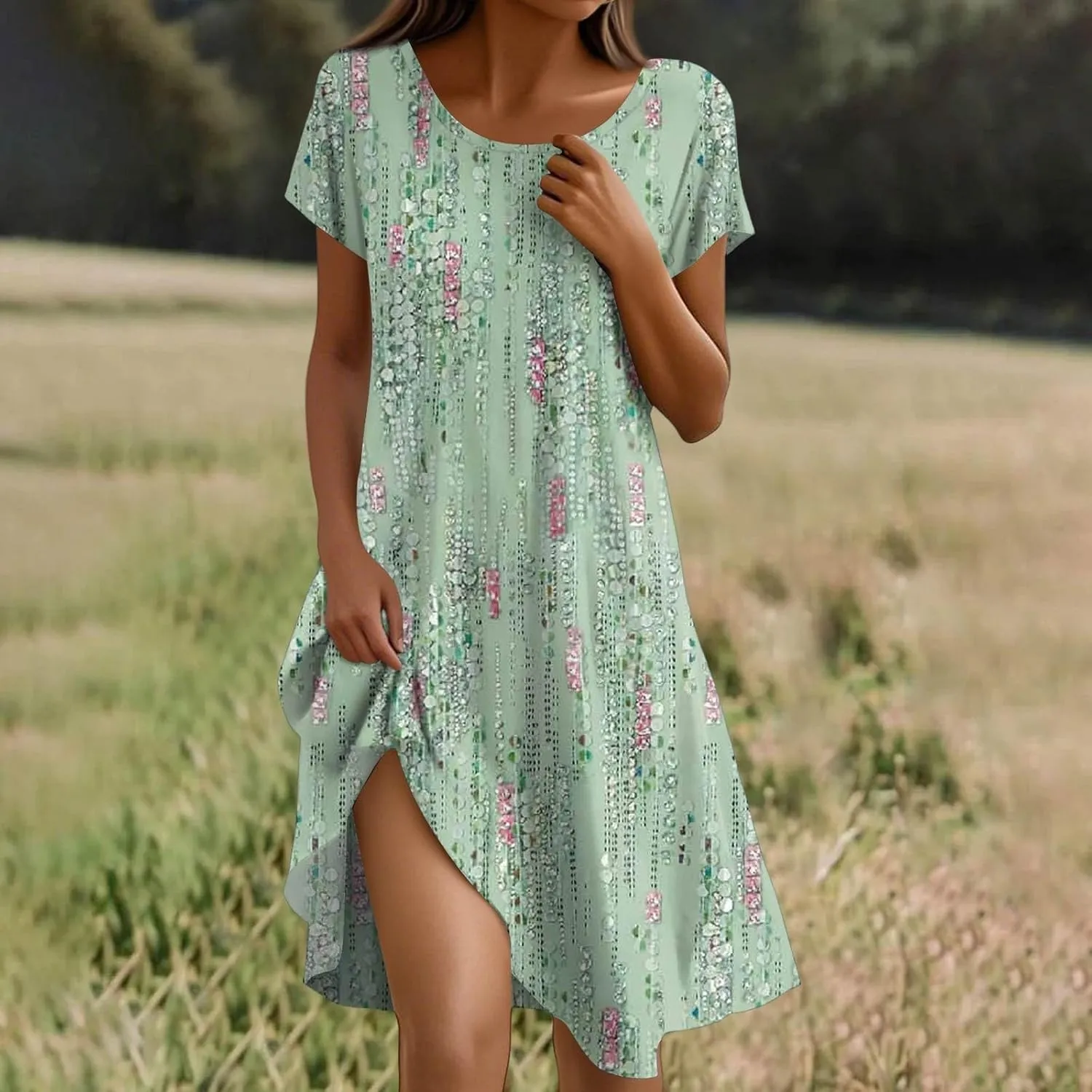 BAXLIMEK Beach Dresses for Women,2025 Summer Trendy Floral Print Boho Vacation Dress,Casual Short Sleeve Flowy Midi Dress