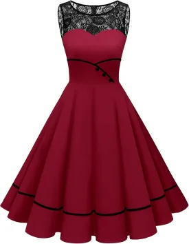 Bbonlinedress Women's 50s Vintage Floral Lace Retro Rockabilly Sleeveless Round Neck Cocktail Party Swing Dress