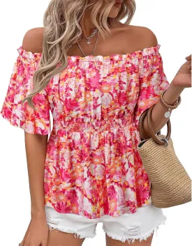 Bebonnie Women's Summer Sexy Off The Shoulder Peplum Tops Ruffle Sleeve Dressy Blouses
