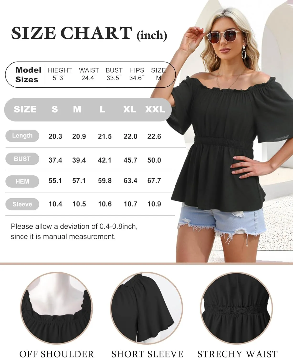 Bebonnie Women's Summer Sexy Off The Shoulder Peplum Tops Ruffle Sleeve Dressy Blouses