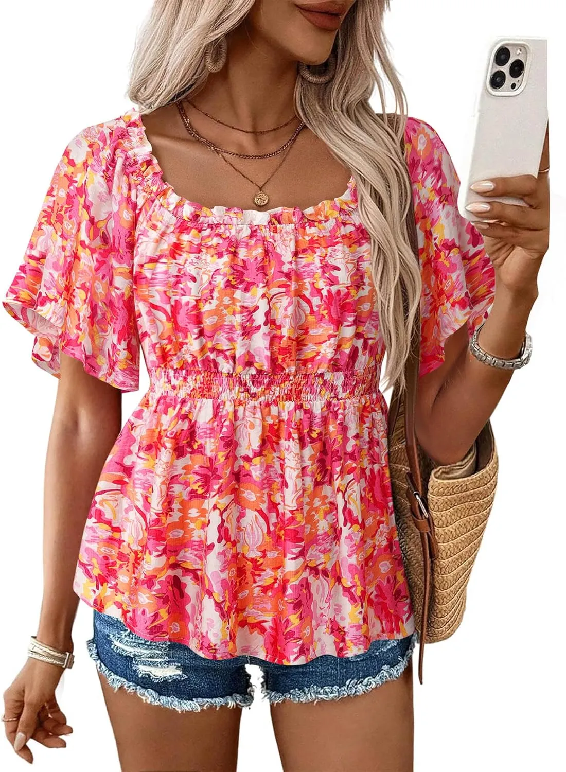 Bebonnie Women's Summer Sexy Off The Shoulder Peplum Tops Ruffle Sleeve Dressy Blouses