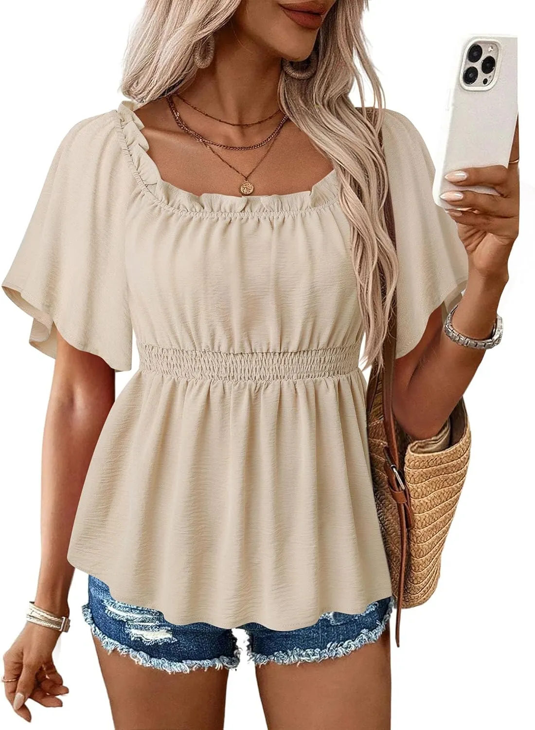 Bebonnie Women's Summer Sexy Off The Shoulder Peplum Tops Ruffle Sleeve Dressy Blouses
