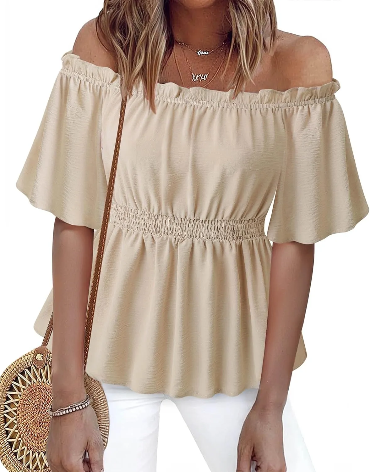 Bebonnie Women's Summer Sexy Off The Shoulder Peplum Tops Ruffle Sleeve Dressy Blouses