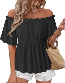 Bebonnie Women's Summer Sexy Off The Shoulder Peplum Tops Ruffle Sleeve Dressy Blouses