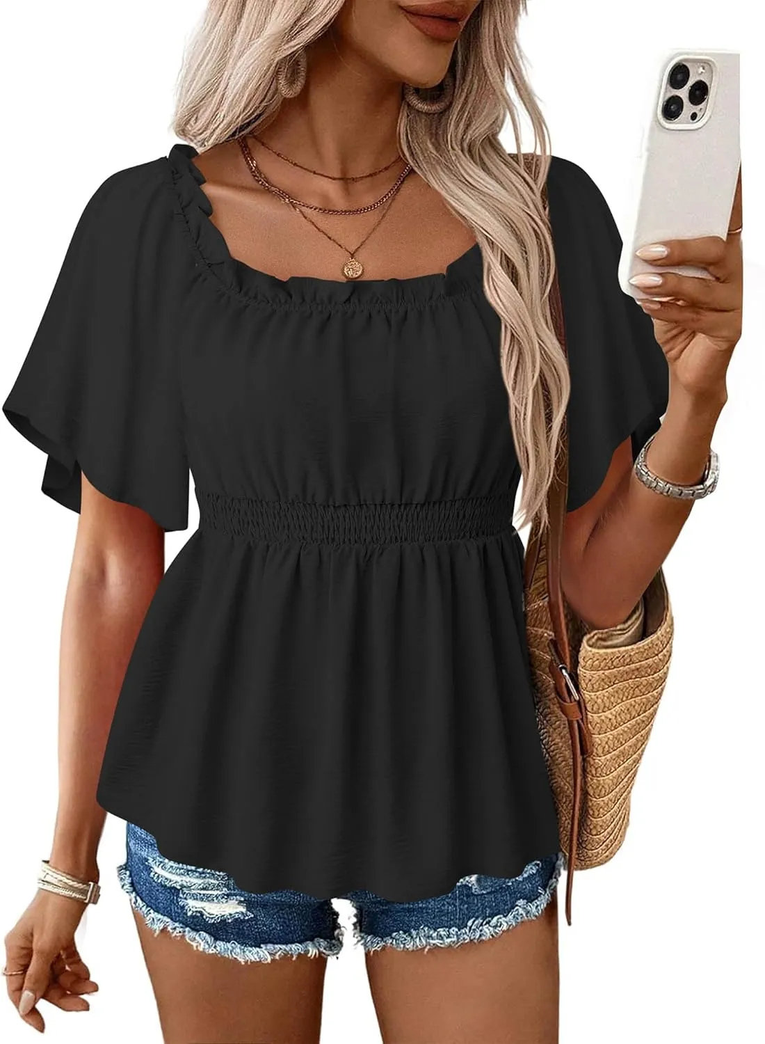 Bebonnie Women's Summer Sexy Off The Shoulder Peplum Tops Ruffle Sleeve Dressy Blouses