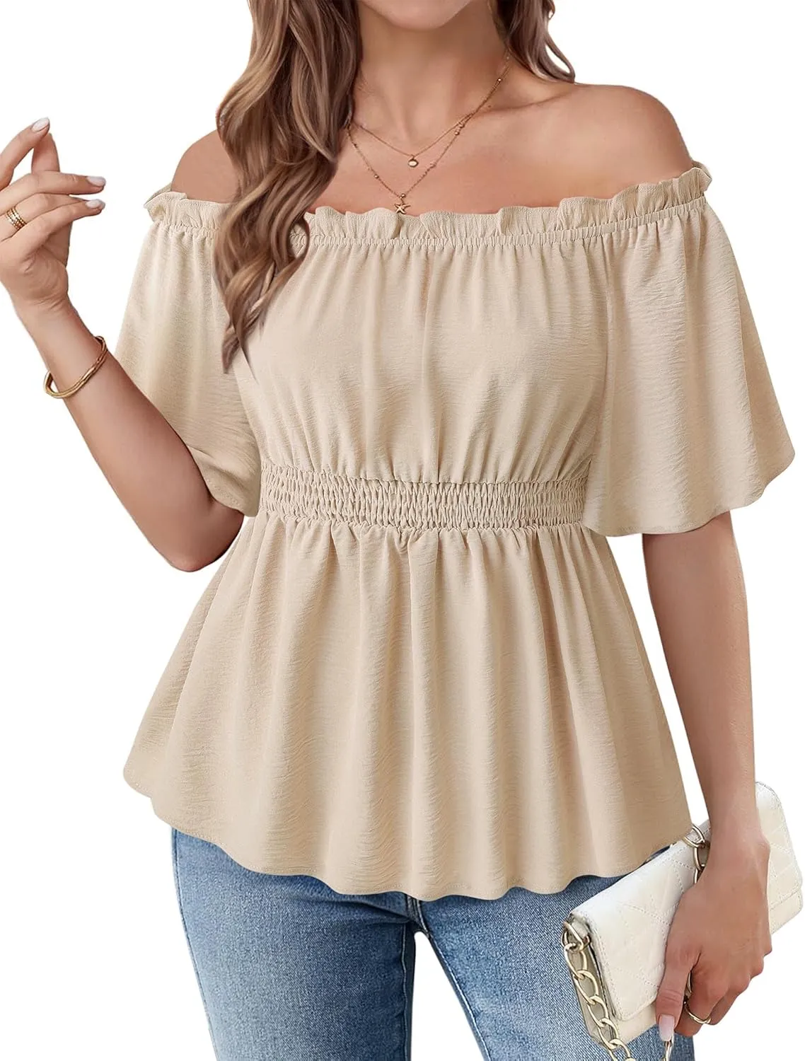 Bebonnie Women's Summer Sexy Off The Shoulder Peplum Tops Ruffle Sleeve Dressy Blouses