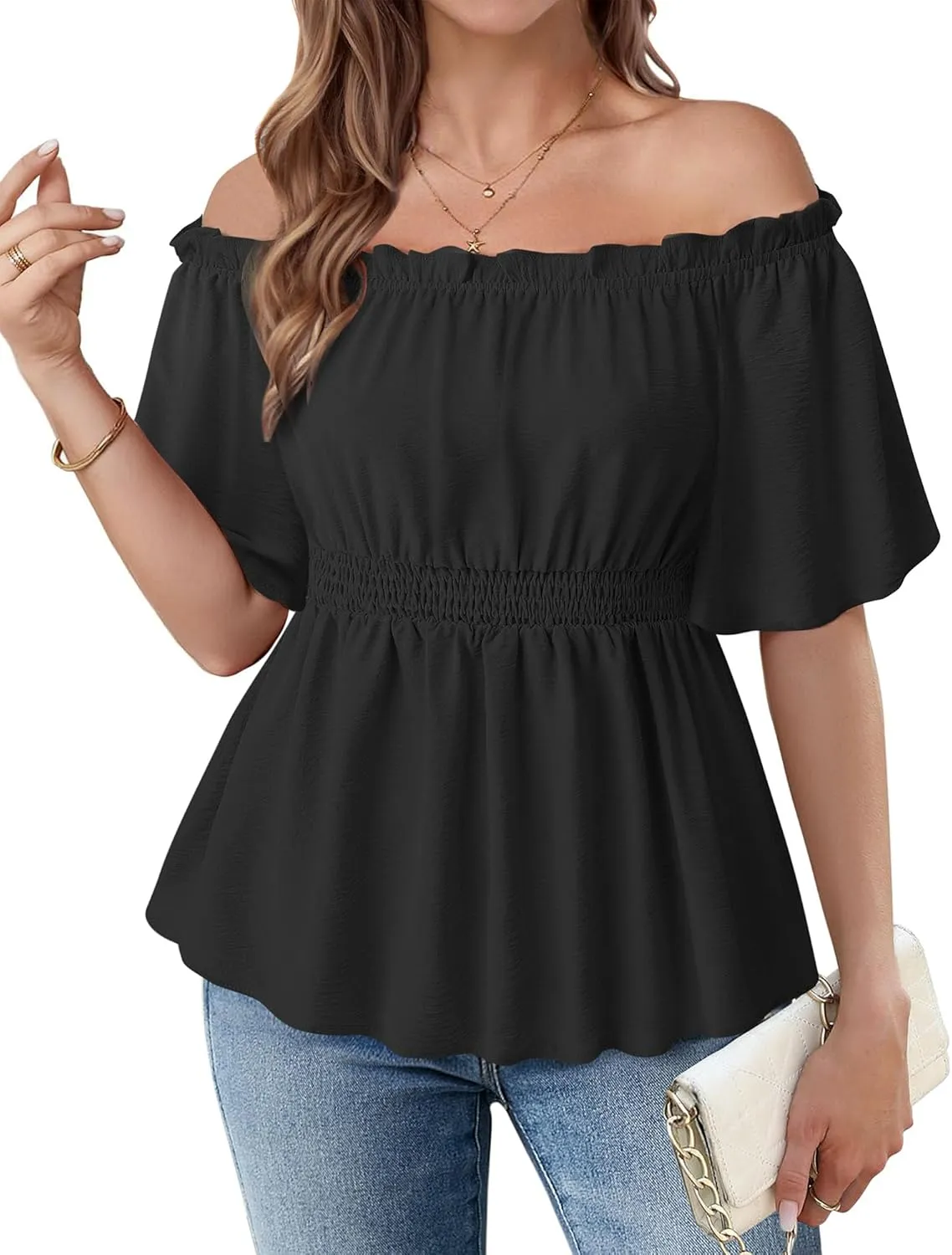 Bebonnie Women's Summer Sexy Off The Shoulder Peplum Tops Ruffle Sleeve Dressy Blouses