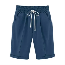 Bermuda Shorts for Women Knee Length Summer Casual Beach Elastic Waist Drawstring Comfy Trendy Long Cotton Linen Shorts