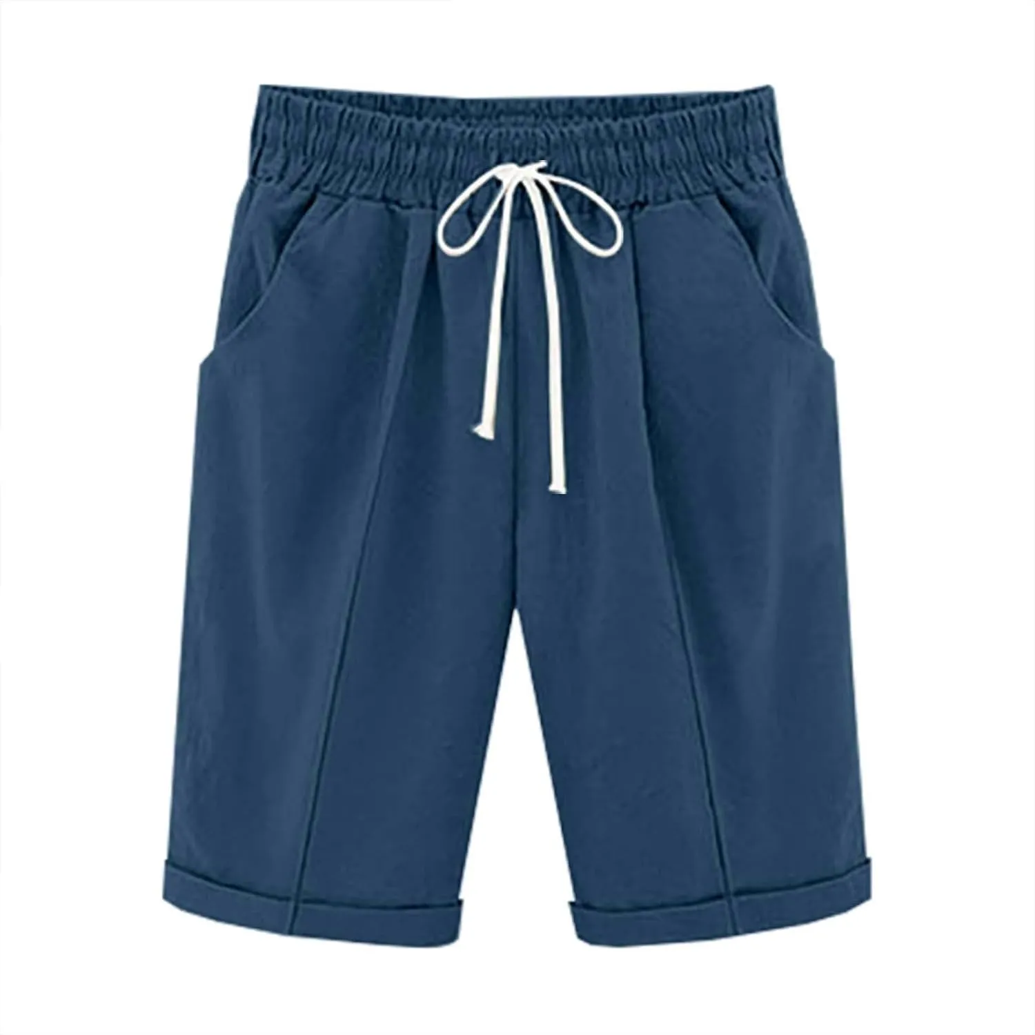 Bermuda Shorts for Women Knee Length Summer Casual Beach Elastic Waist Drawstring Comfy Trendy Long Cotton Linen Shorts