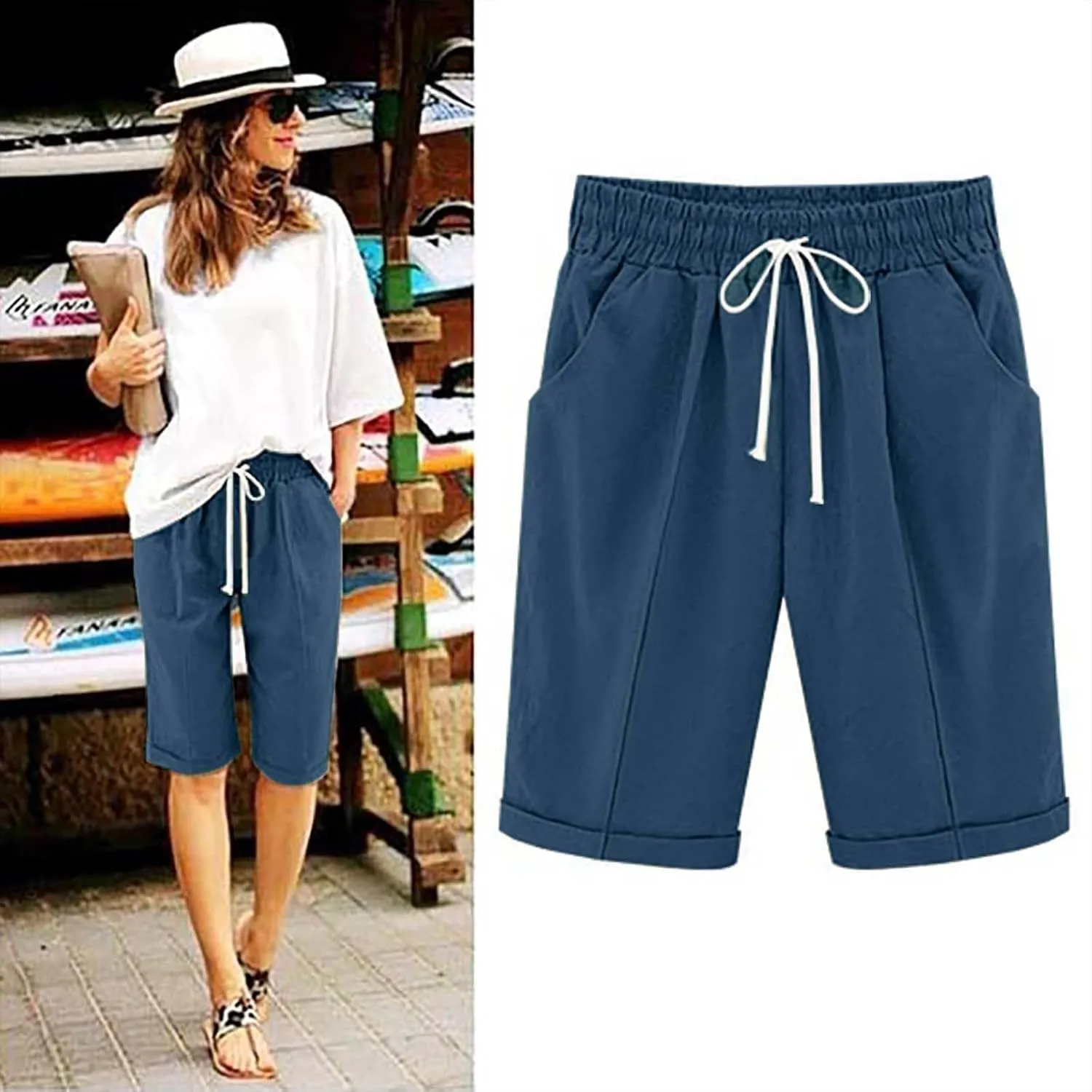 Bermuda Shorts for Women Knee Length Summer Casual Beach Elastic Waist Drawstring Comfy Trendy Long Cotton Linen Shorts