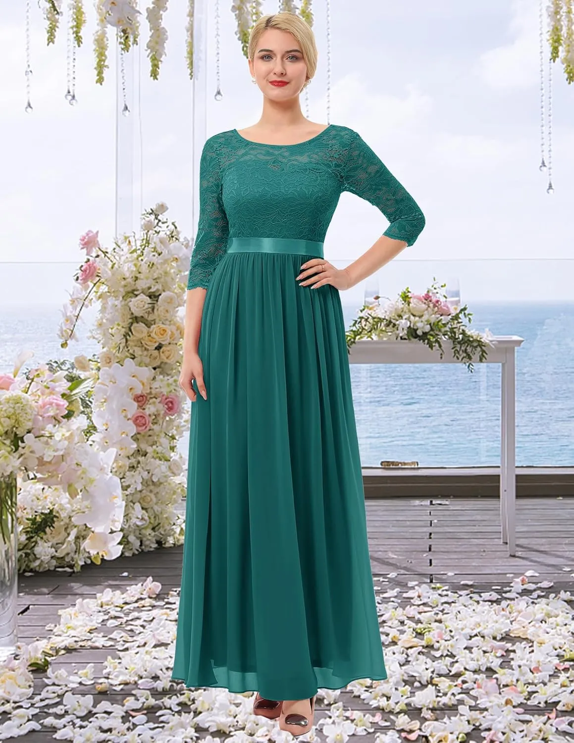 BeryLove Women Long Sleeve Formal Party Dress Lace Wedding Guest Maxi Dresses Elegant Cocktail Evening Gowns