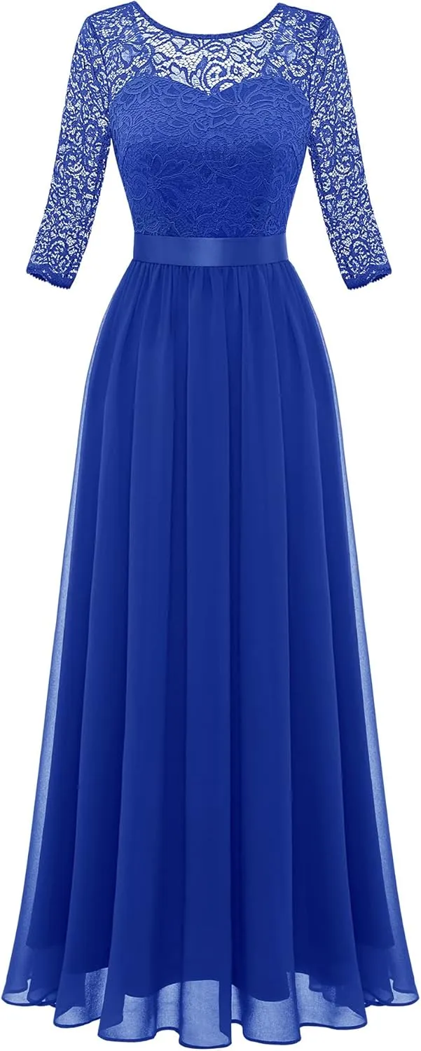 BeryLove Women Long Sleeve Formal Party Dress Lace Wedding Guest Maxi Dresses Elegant Cocktail Evening Gowns