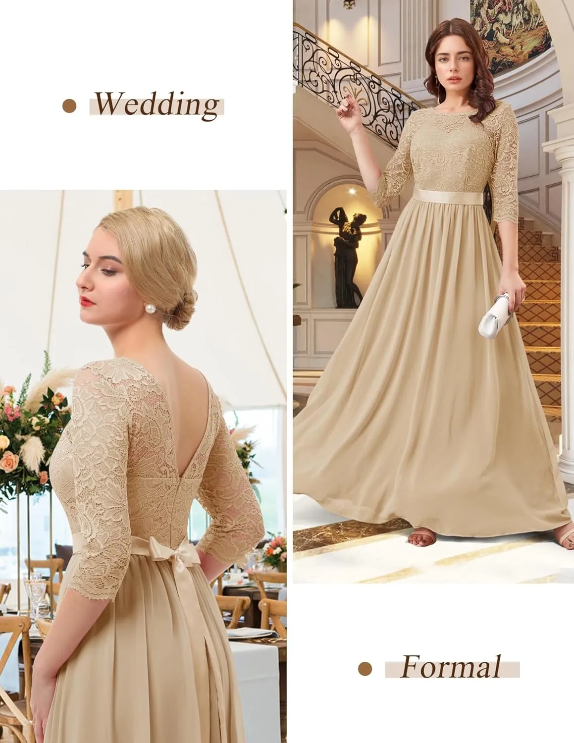 BeryLove Women Long Sleeve Formal Party Dress Lace Wedding Guest Maxi Dresses Elegant Cocktail Evening Gowns