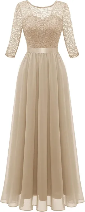 BeryLove Women Long Sleeve Formal Party Dress Lace Wedding Guest Maxi Dresses Elegant Cocktail Evening Gowns
