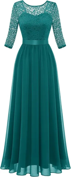 BeryLove Women Long Sleeve Formal Party Dress Lace Wedding Guest Maxi Dresses Elegant Cocktail Evening Gowns