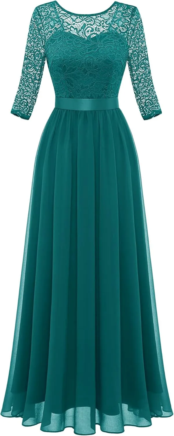 BeryLove Women Long Sleeve Formal Party Dress Lace Wedding Guest Maxi Dresses Elegant Cocktail Evening Gowns