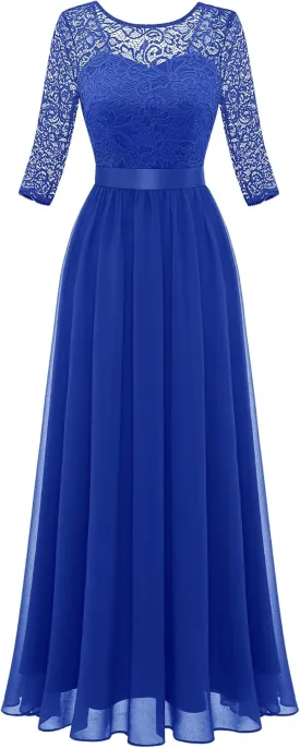 BeryLove Women Long Sleeve Formal Party Dress Lace Wedding Guest Maxi Dresses Elegant Cocktail Evening Gowns