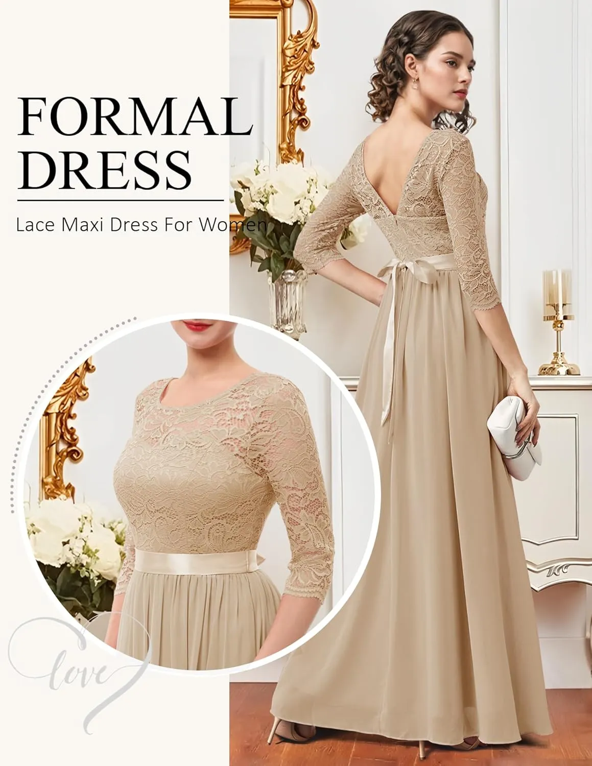 BeryLove Women Long Sleeve Formal Party Dress Lace Wedding Guest Maxi Dresses Elegant Cocktail Evening Gowns