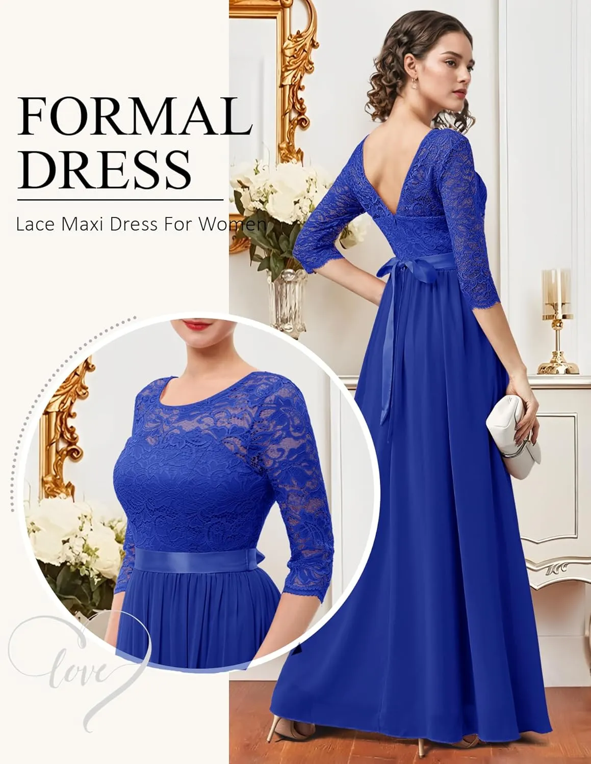 BeryLove Women Long Sleeve Formal Party Dress Lace Wedding Guest Maxi Dresses Elegant Cocktail Evening Gowns