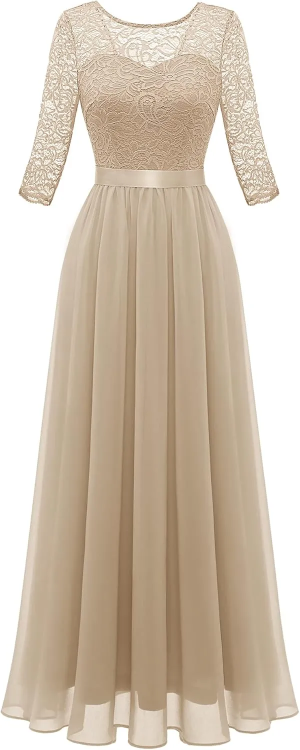 BeryLove Women Long Sleeve Formal Party Dress Lace Wedding Guest Maxi Dresses Elegant Cocktail Evening Gowns