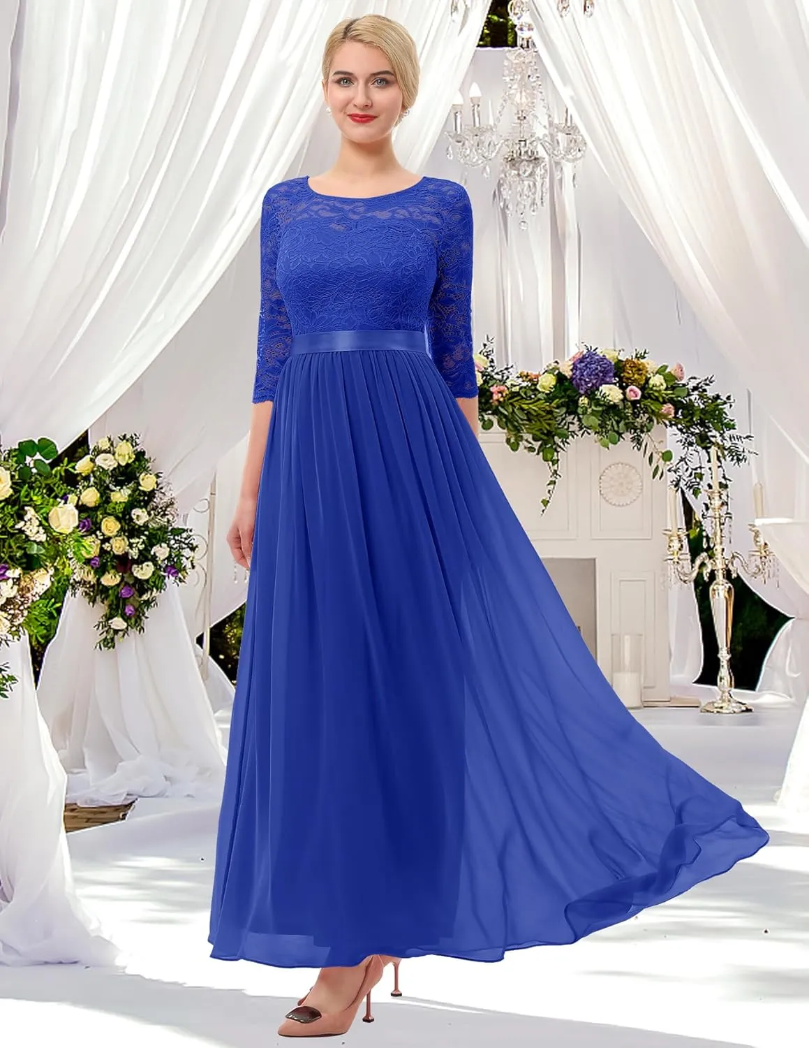 BeryLove Women Long Sleeve Formal Party Dress Lace Wedding Guest Maxi Dresses Elegant Cocktail Evening Gowns