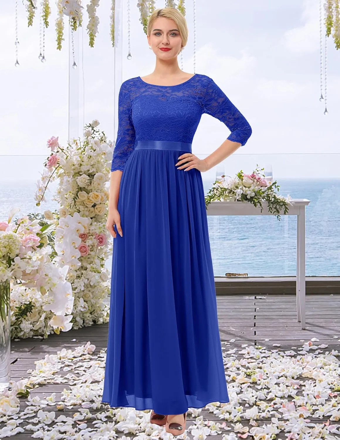 BeryLove Women Long Sleeve Formal Party Dress Lace Wedding Guest Maxi Dresses Elegant Cocktail Evening Gowns