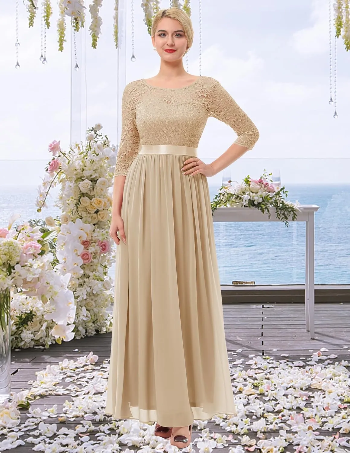BeryLove Women Long Sleeve Formal Party Dress Lace Wedding Guest Maxi Dresses Elegant Cocktail Evening Gowns