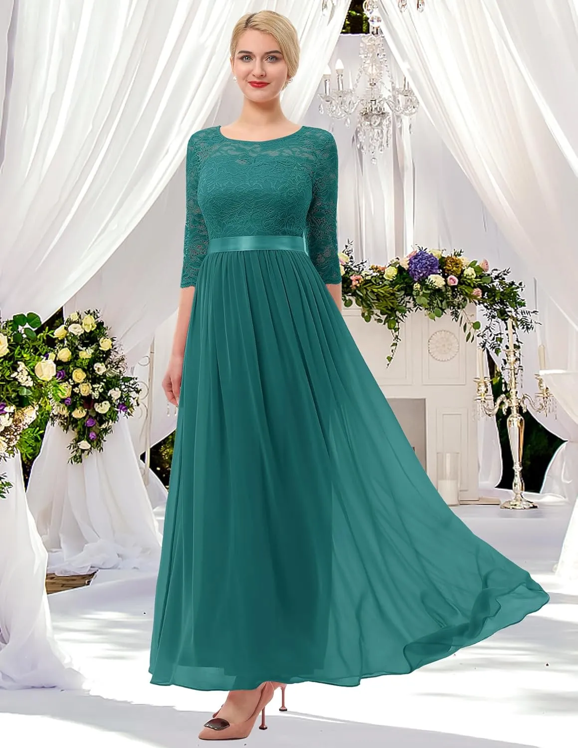 BeryLove Women Long Sleeve Formal Party Dress Lace Wedding Guest Maxi Dresses Elegant Cocktail Evening Gowns