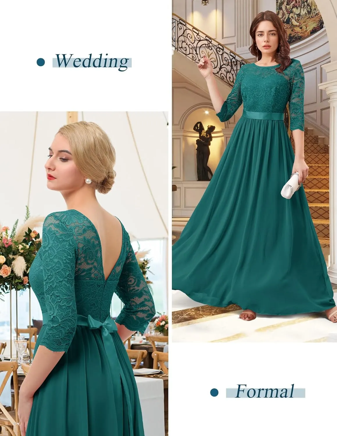 BeryLove Women Long Sleeve Formal Party Dress Lace Wedding Guest Maxi Dresses Elegant Cocktail Evening Gowns