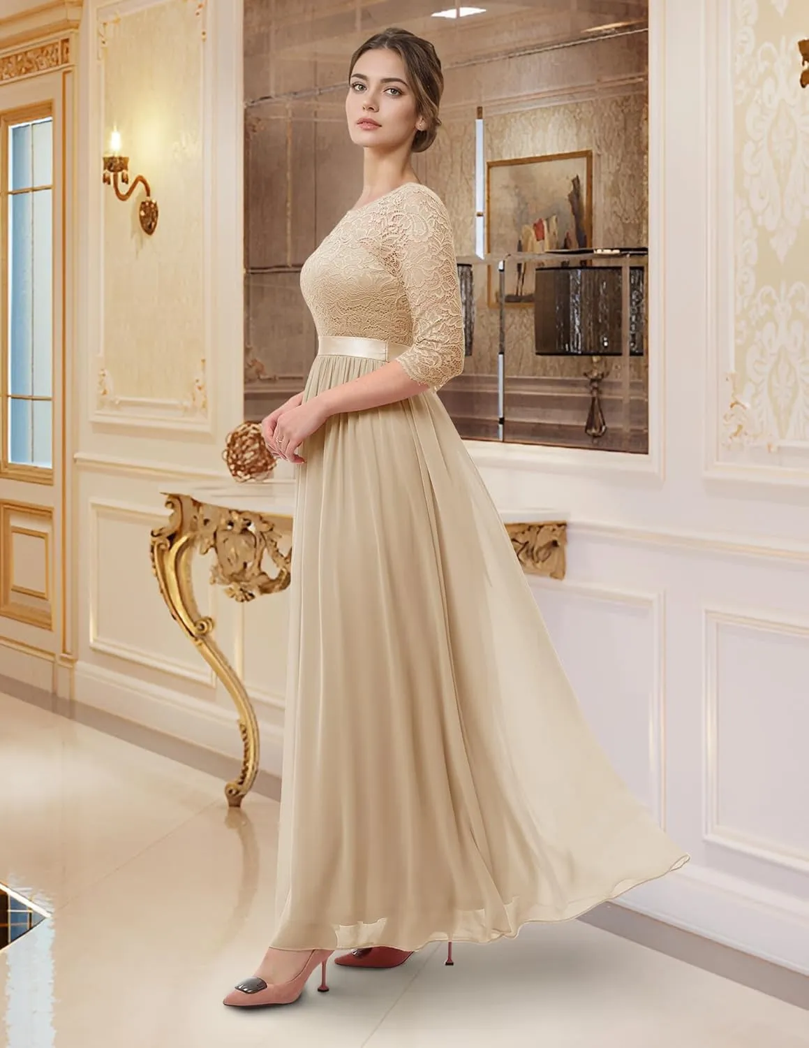 BeryLove Women Long Sleeve Formal Party Dress Lace Wedding Guest Maxi Dresses Elegant Cocktail Evening Gowns