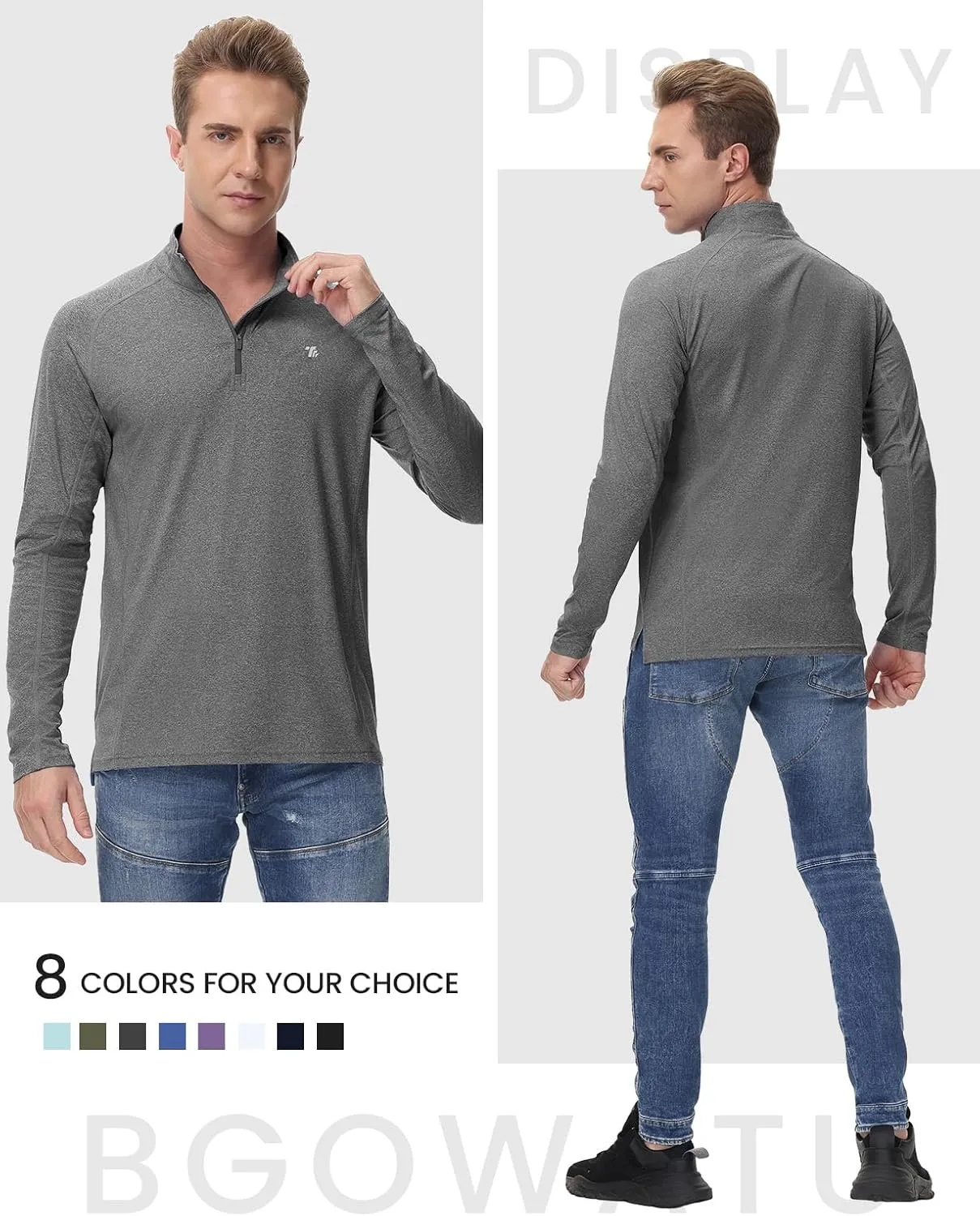 BGOWATU Men's Quarter Zip Pullover Long Sleeve Polo Shirts UPF 50 Quick Dry Golf Shirt