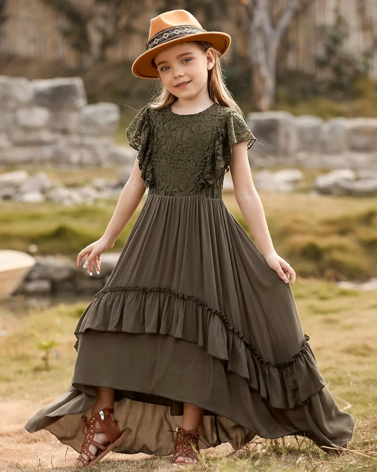 BIBIHOU Girls Lace Dress Boho Backless A Line High Low Hem Party Flower Girl Dress 6-14 Years