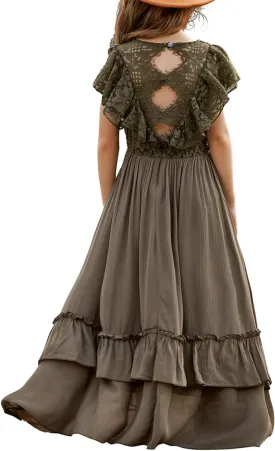 BIBIHOU Girls Lace Dress Boho Backless A Line High Low Hem Party Flower Girl Dress 6-14 Years