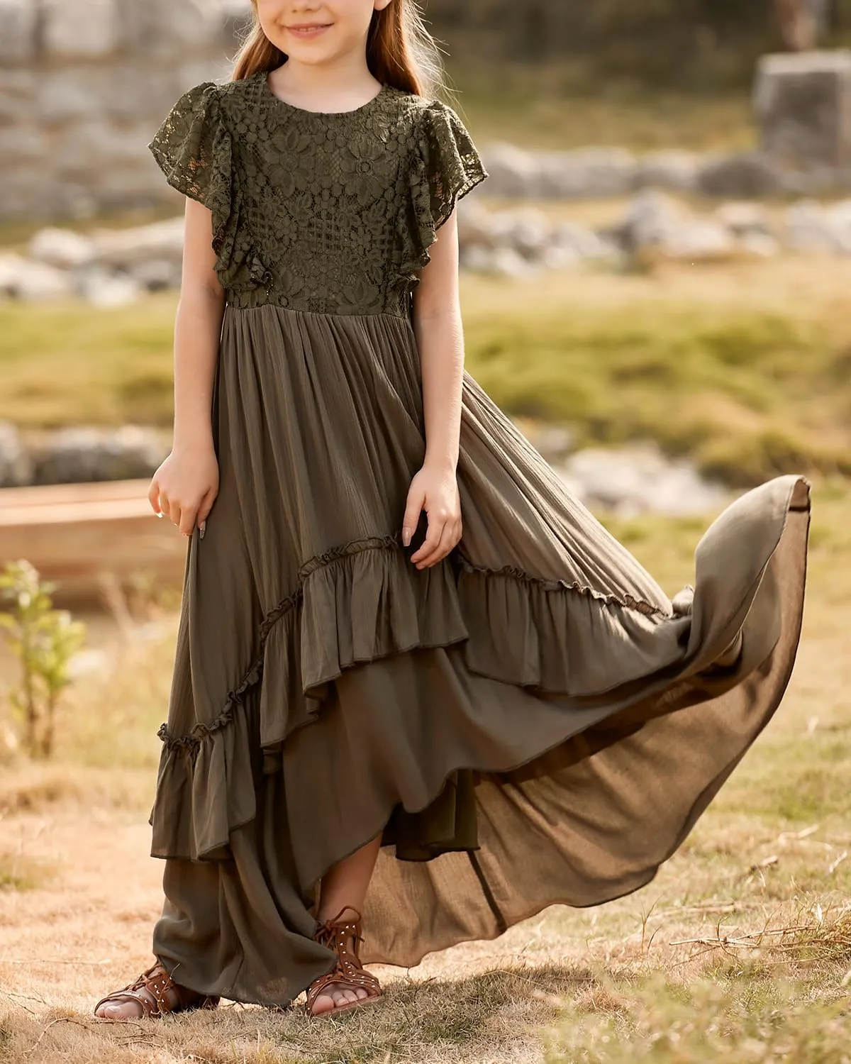BIBIHOU Girls Lace Dress Boho Backless A Line High Low Hem Party Flower Girl Dress 6-14 Years